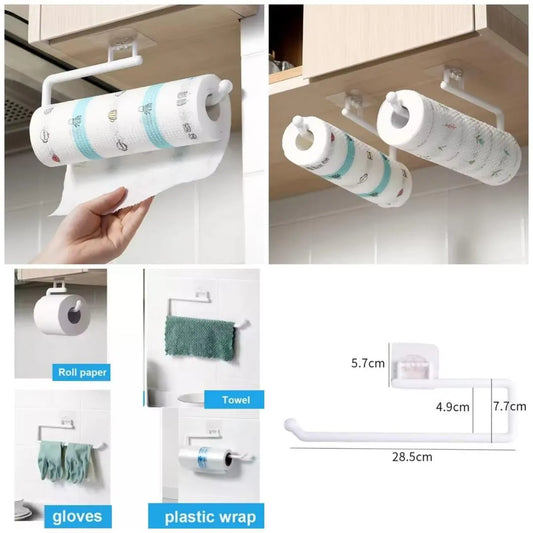 Under-cabinet paper towel holder showing multiple uses and product dimensions