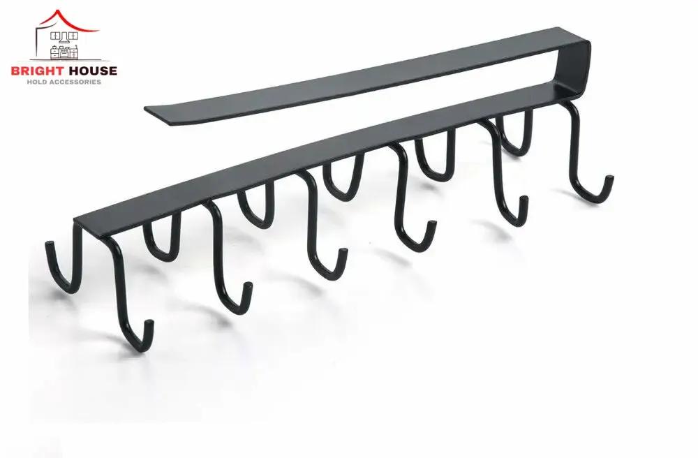 Black metal under-shelf mug holder rack with multiple hooks