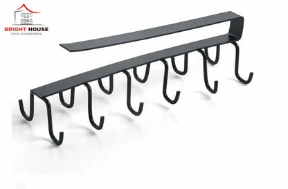 Black metal under-shelf mug holder rack with multiple hooks