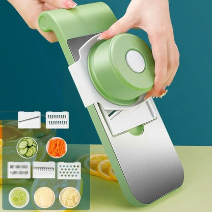 Handheld vegetable slicer and grater with food holder in use