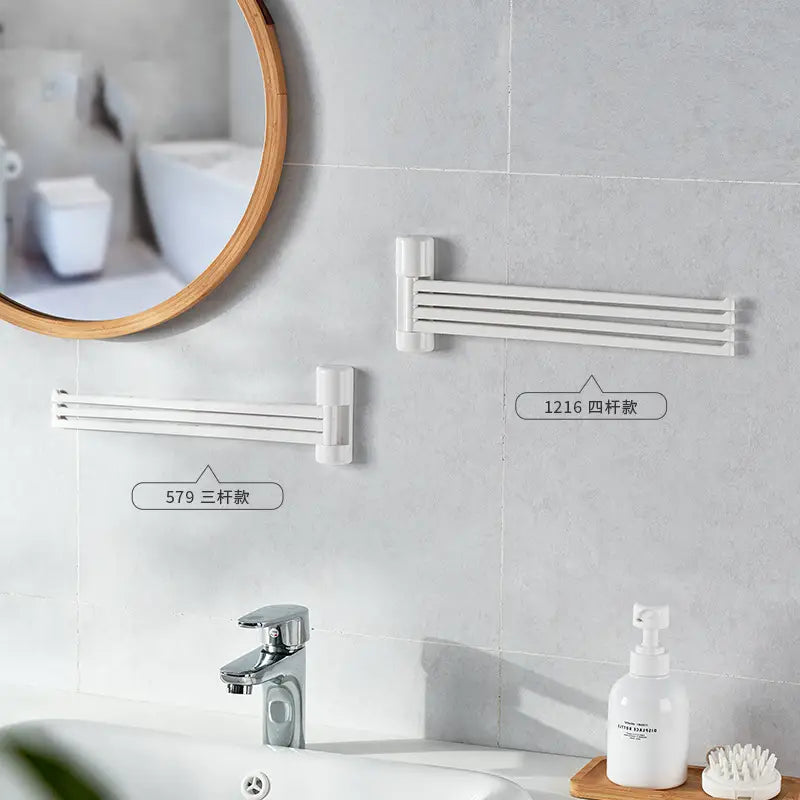 White wall-mounted towel racks showing three-arm and four-arm designs